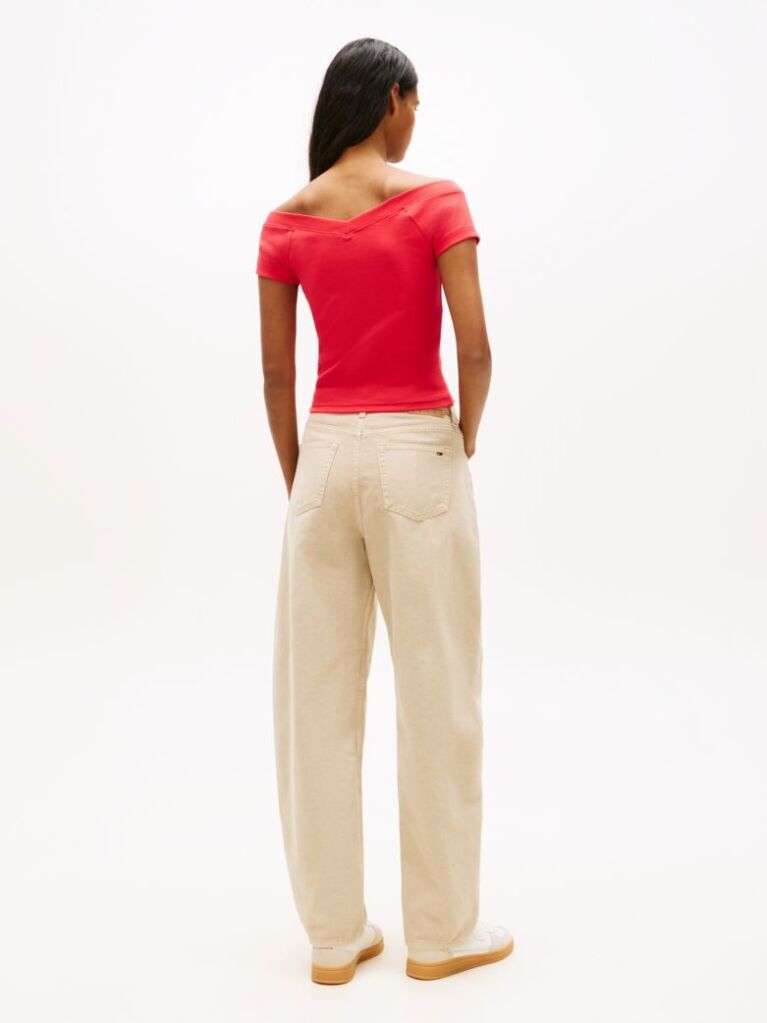 Red Off-The-Shoulder Ribbed Slim Top  Women