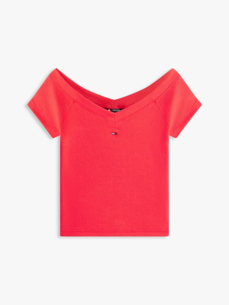 Red Off-The-Shoulder Ribbed Slim Top  Women