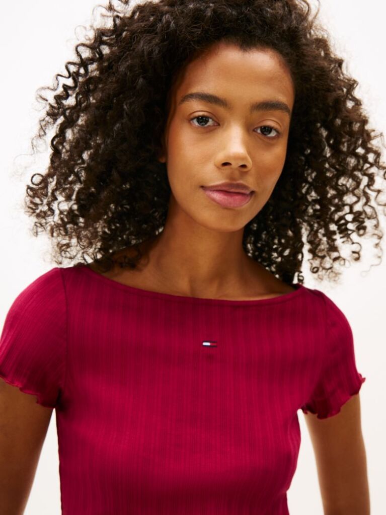 Pink Ruffle Ribbed Slim Boat Neck Top  Women