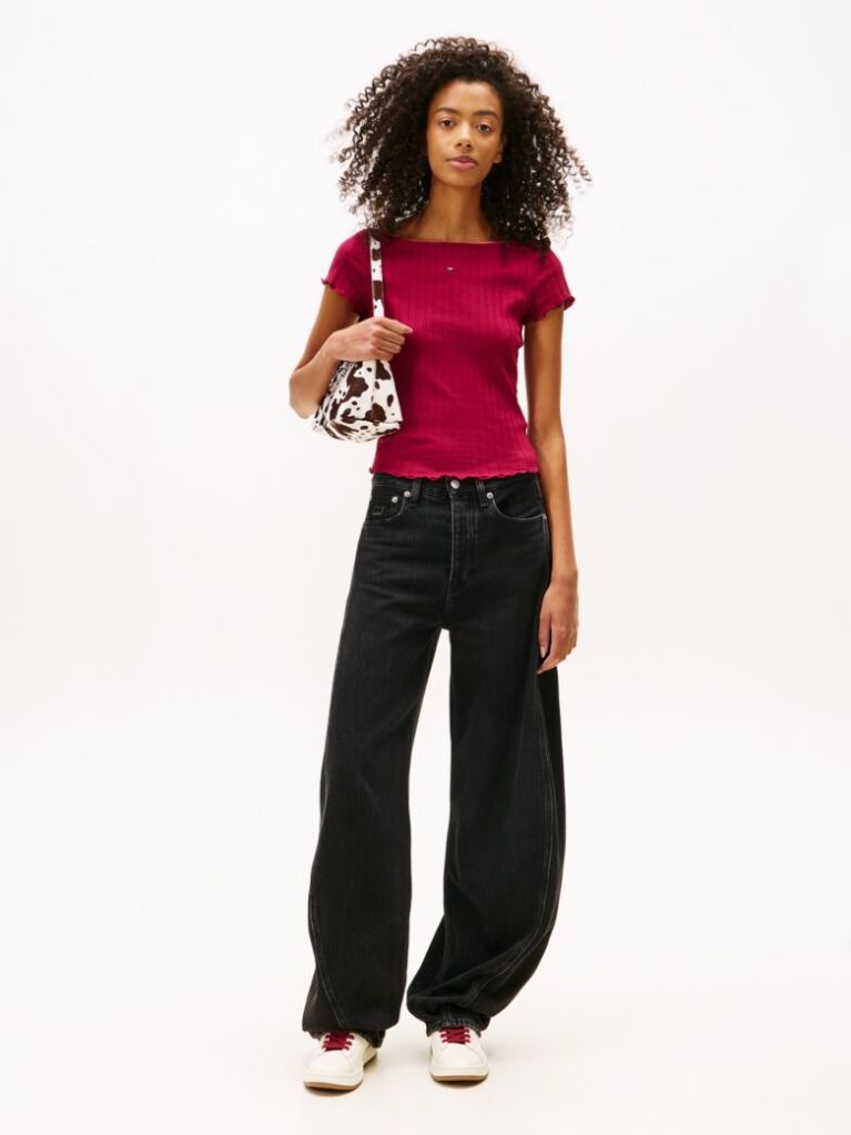 Pink Ruffle Ribbed Slim Boat Neck Top  Women