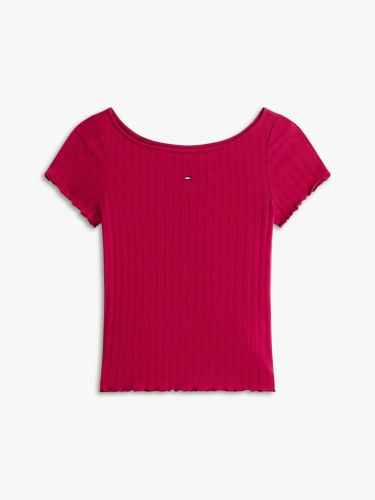 Pink Ruffle Ribbed Slim Boat Neck Top  Women