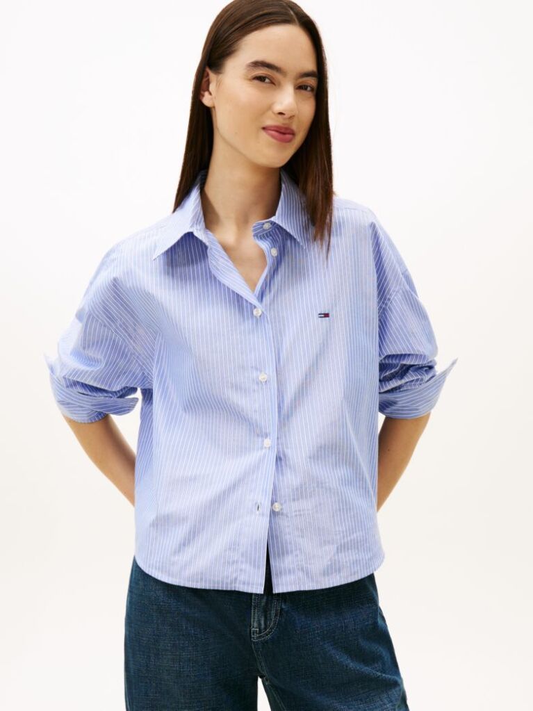 Blue Oversized Fit Metallic Cropped Shirt  Women