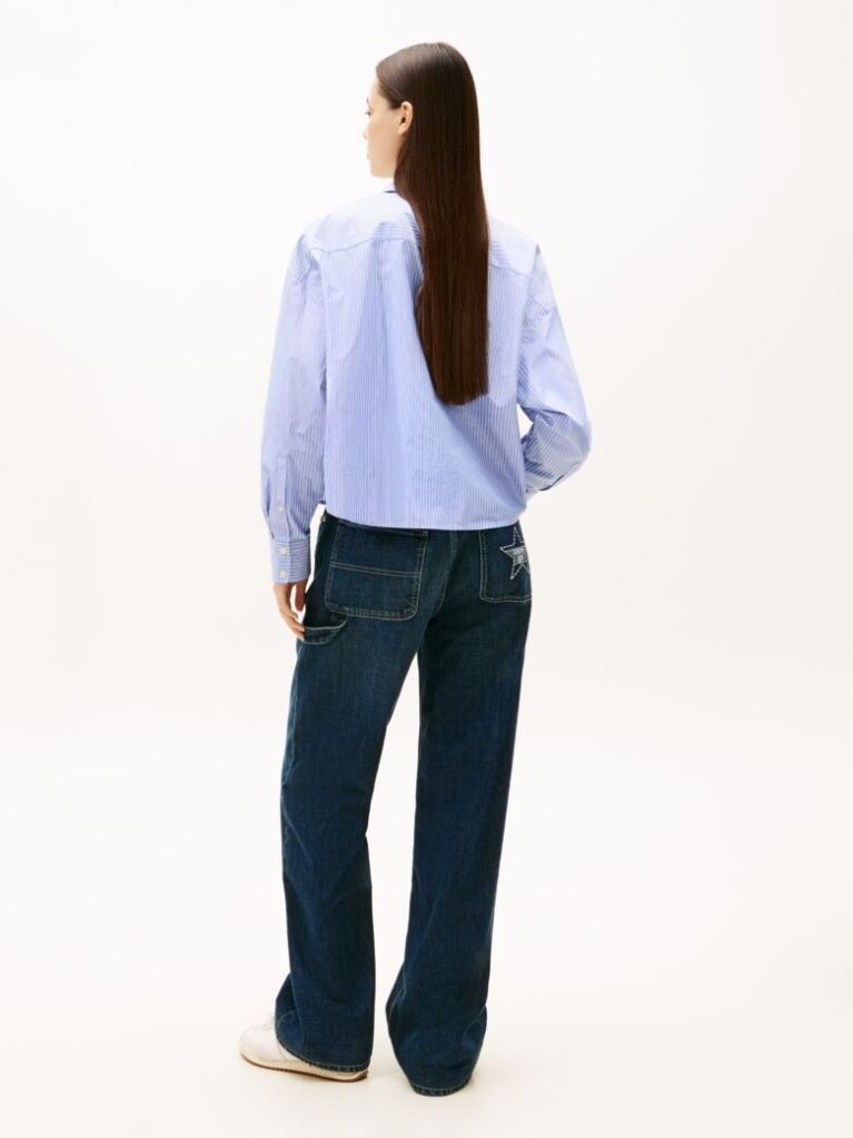Blue Oversized Fit Metallic Cropped Shirt  Women