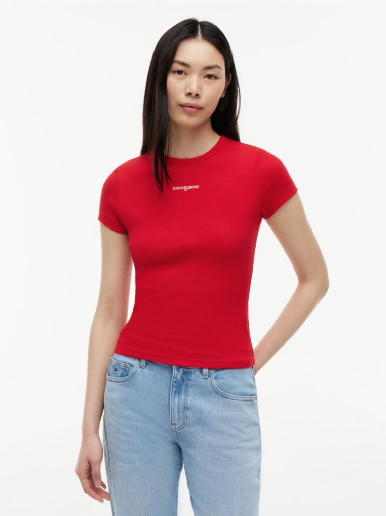 Red Logo Ribbed Slim T-Shirt  Women