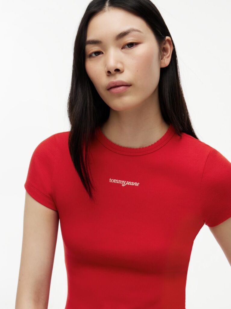 Red Logo Ribbed Slim T-Shirt  Women