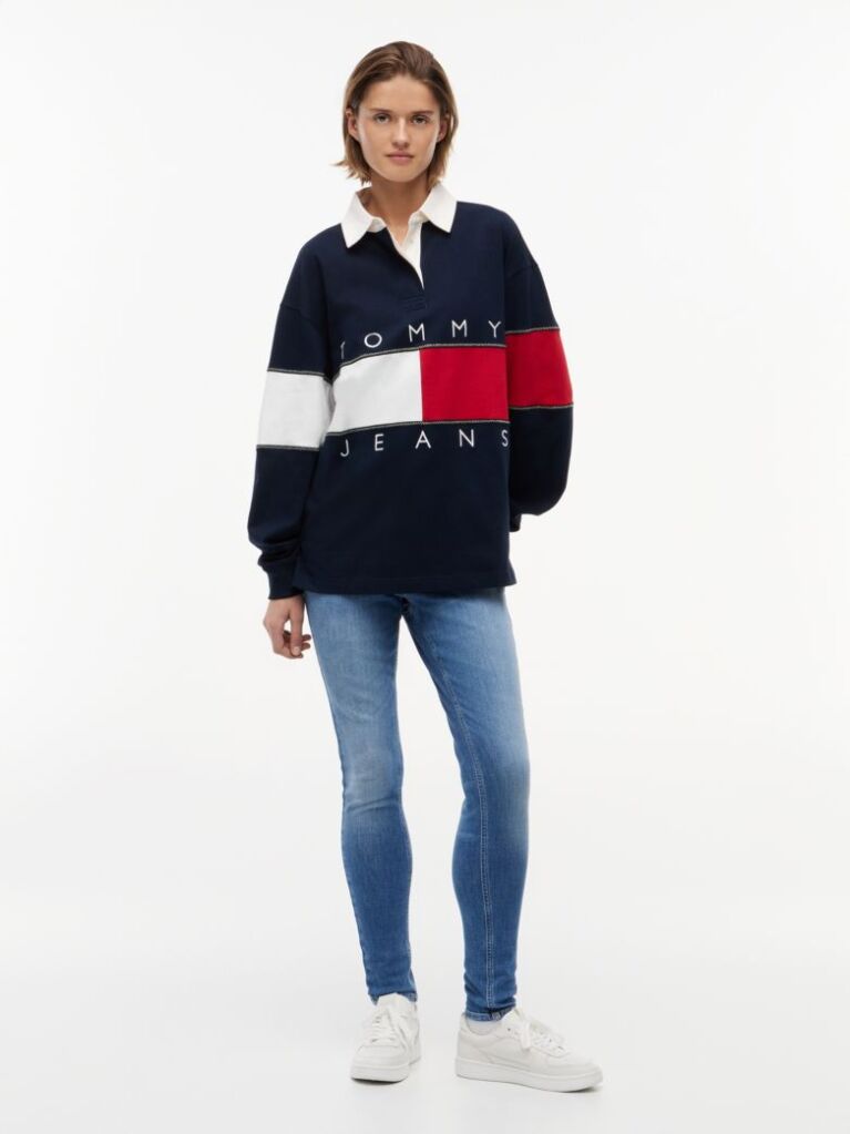 Blue Tommy Flag Jersey Oversized Rugby Shirt  Women