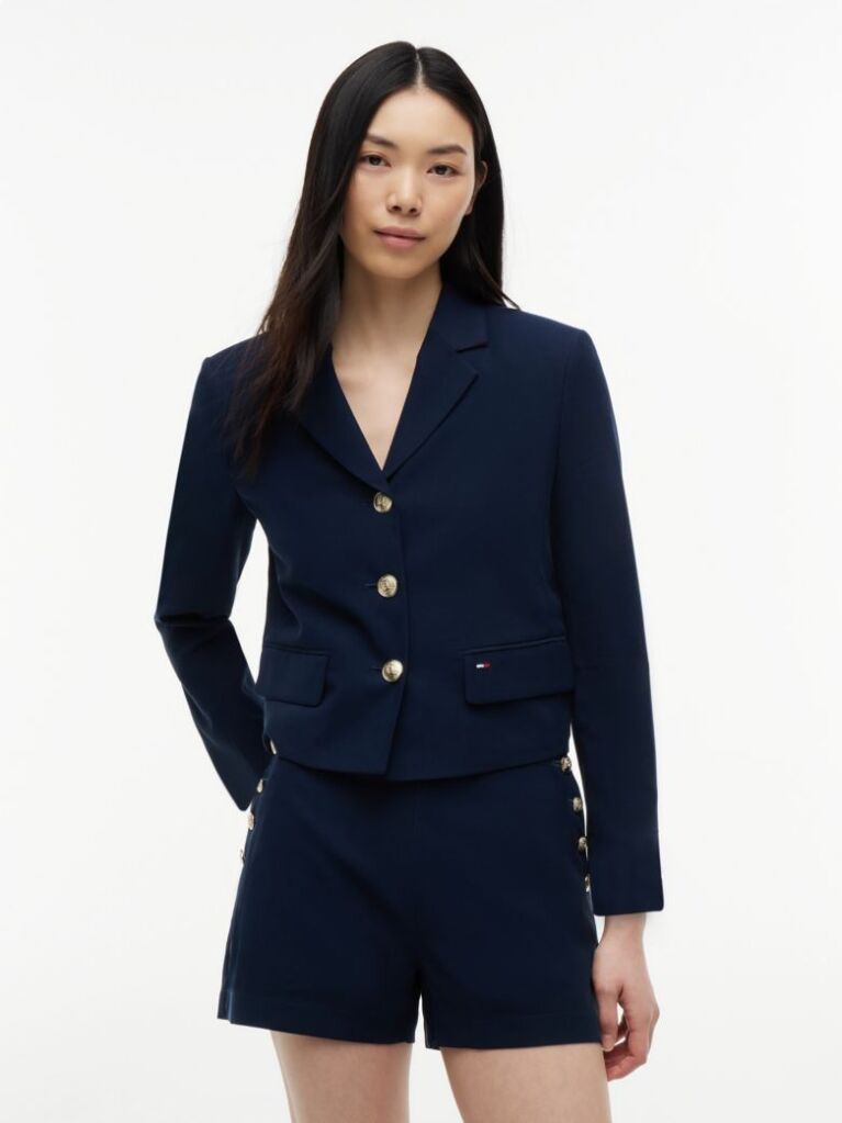 Blue Gold-Tone Button Regular Fit Cropped Blazer  Women