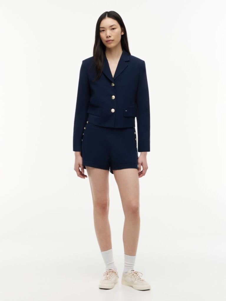 Blue Gold-Tone Button Regular Fit Cropped Blazer  Women