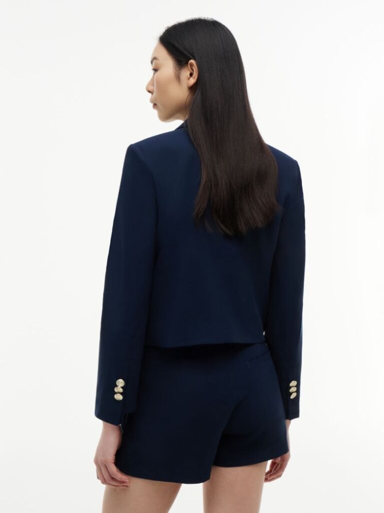 Blue Gold-Tone Button Regular Fit Cropped Blazer  Women