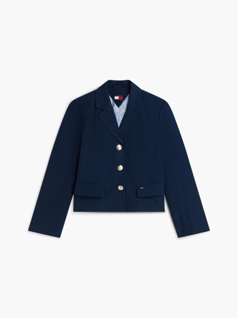 Blue Gold-Tone Button Regular Fit Cropped Blazer  Women