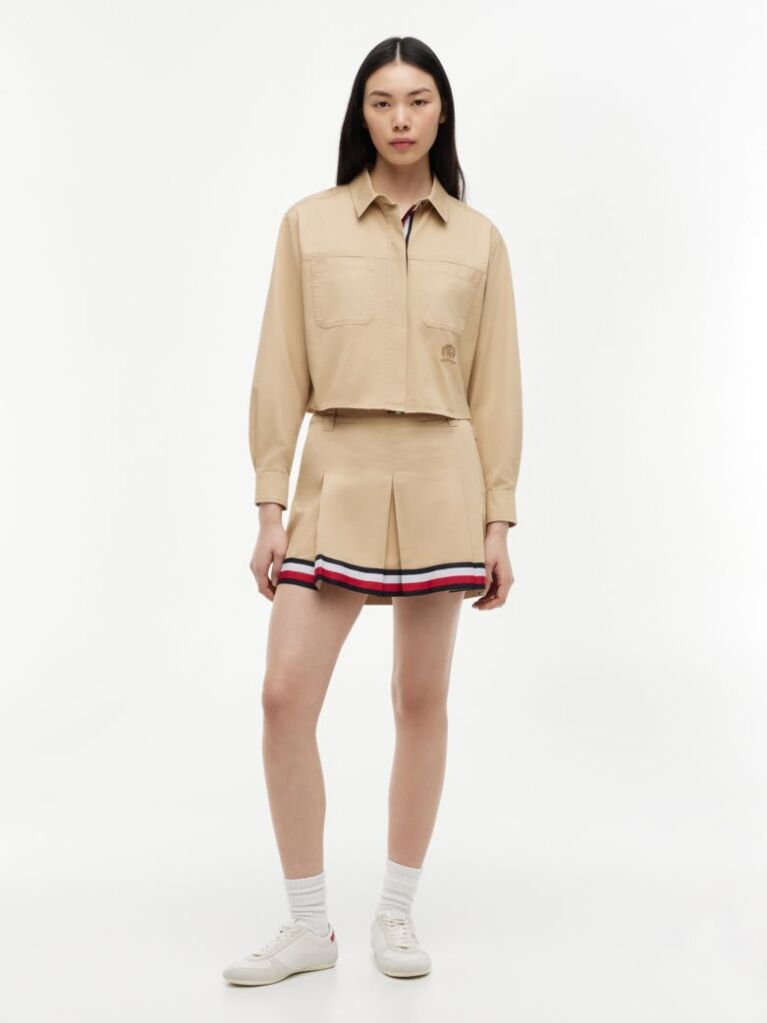 Beige Relaxed Fit Crest Embroidery Cropped Shirt  Women