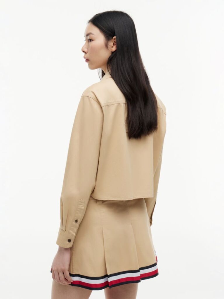 Beige Relaxed Fit Crest Embroidery Cropped Shirt  Women