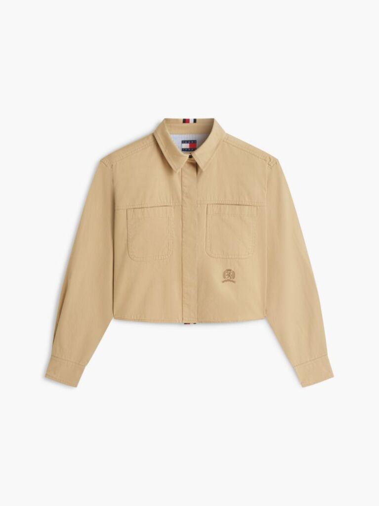 Beige Relaxed Fit Crest Embroidery Cropped Shirt  Women
