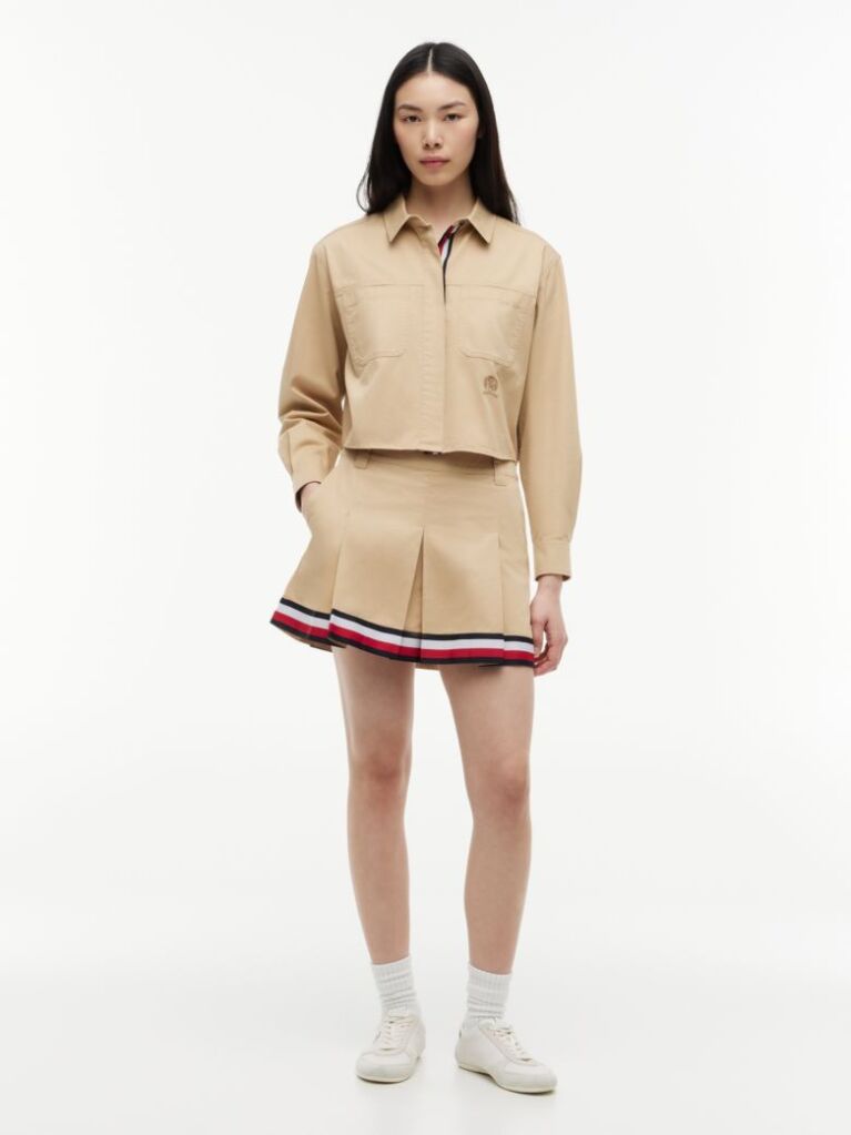 Beige Global Stripe Tape Pleated Mini Skirt  Women