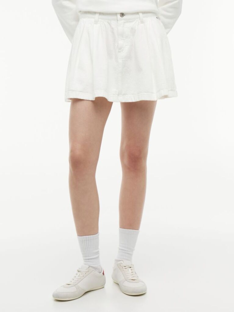White Textured Twill Pleated Flared Mini Skirt  Women