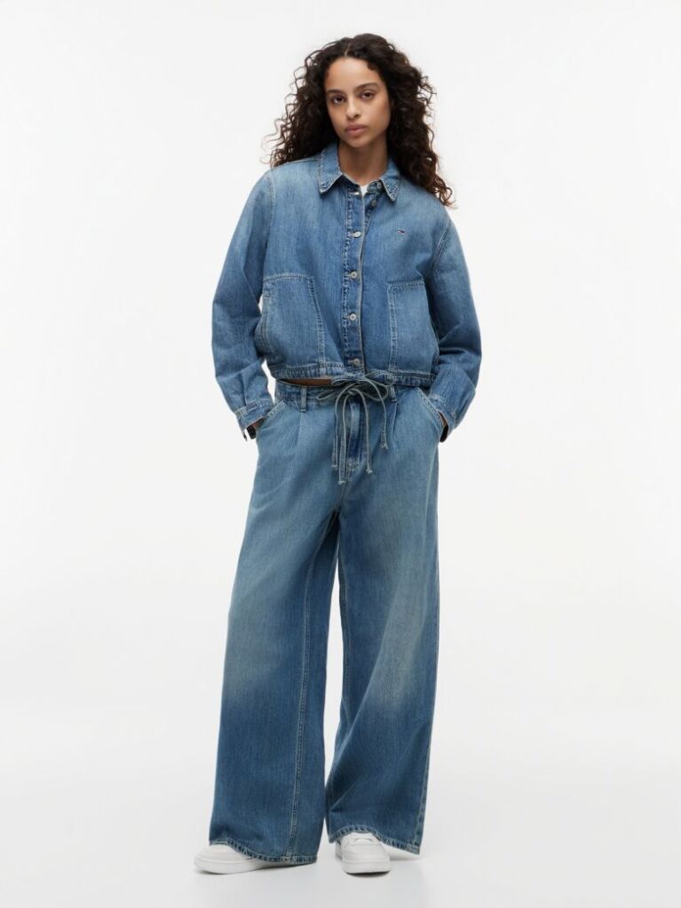 Denim Drawstring Loose Wide Leg Jeans With Linen  Women