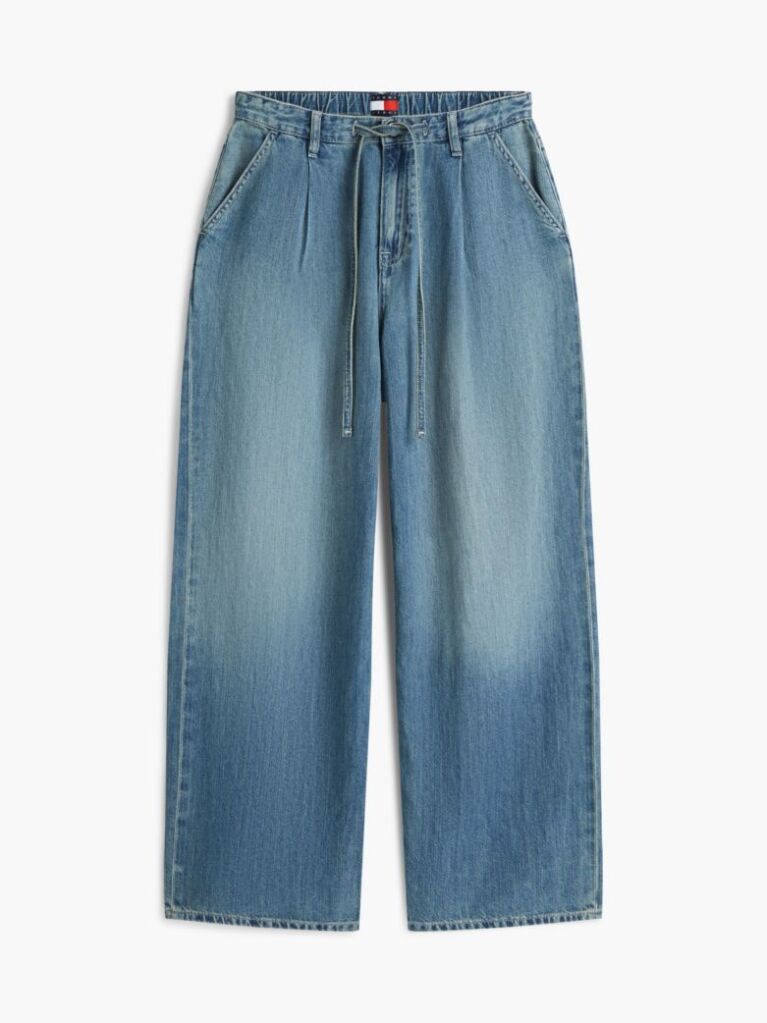 Denim Drawstring Loose Wide Leg Jeans With Linen  Women