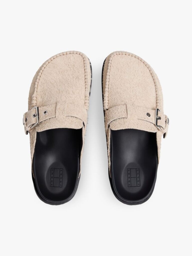 Beige Textured Suede Buckle Mules  Women