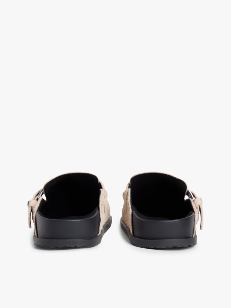 Beige Textured Suede Buckle Mules  Women