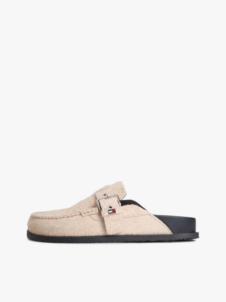 Beige Textured Suede Buckle Mules  Women