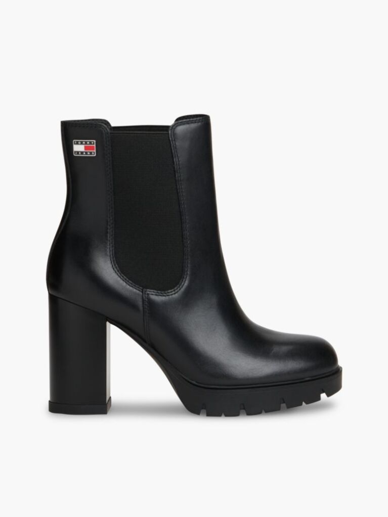Black Leather High Block Heel Chelsea Boots  Women