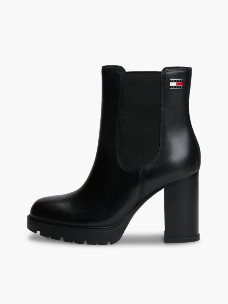 Black Leather High Block Heel Chelsea Boots  Women