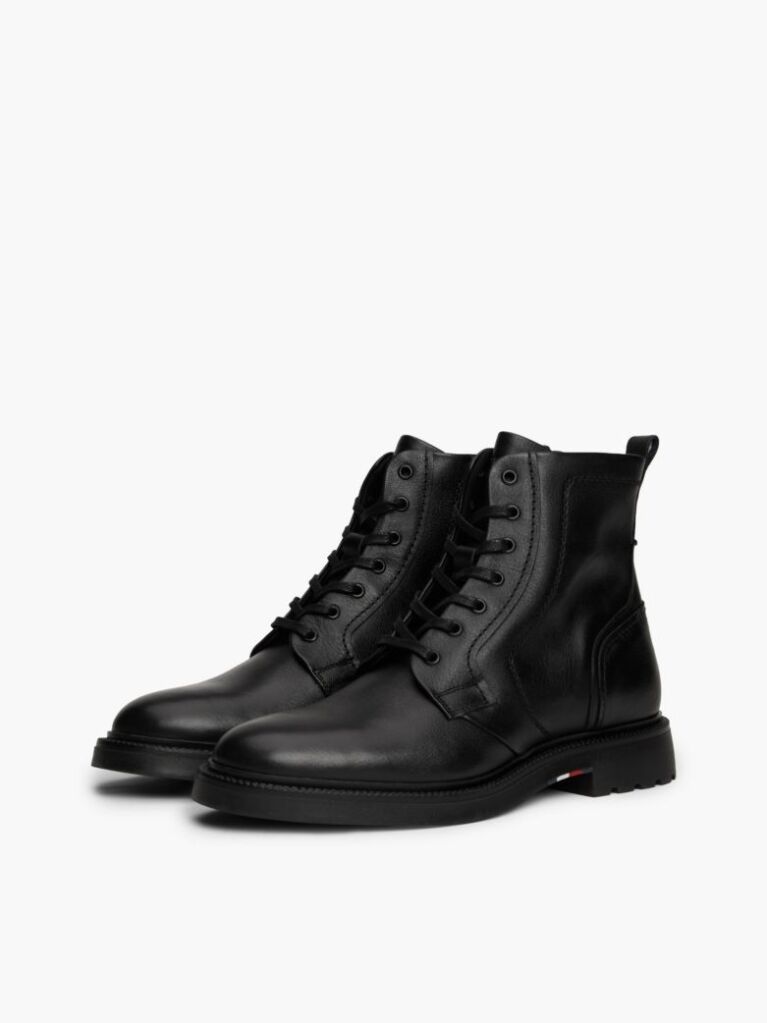 Black Lightweight Leather Lace-Up Mid Boots  Men