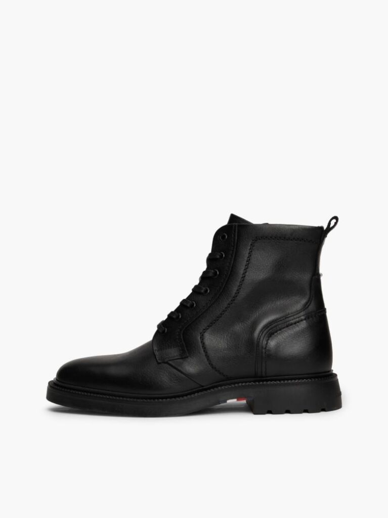 Black Lightweight Leather Lace-Up Mid Boots  Men