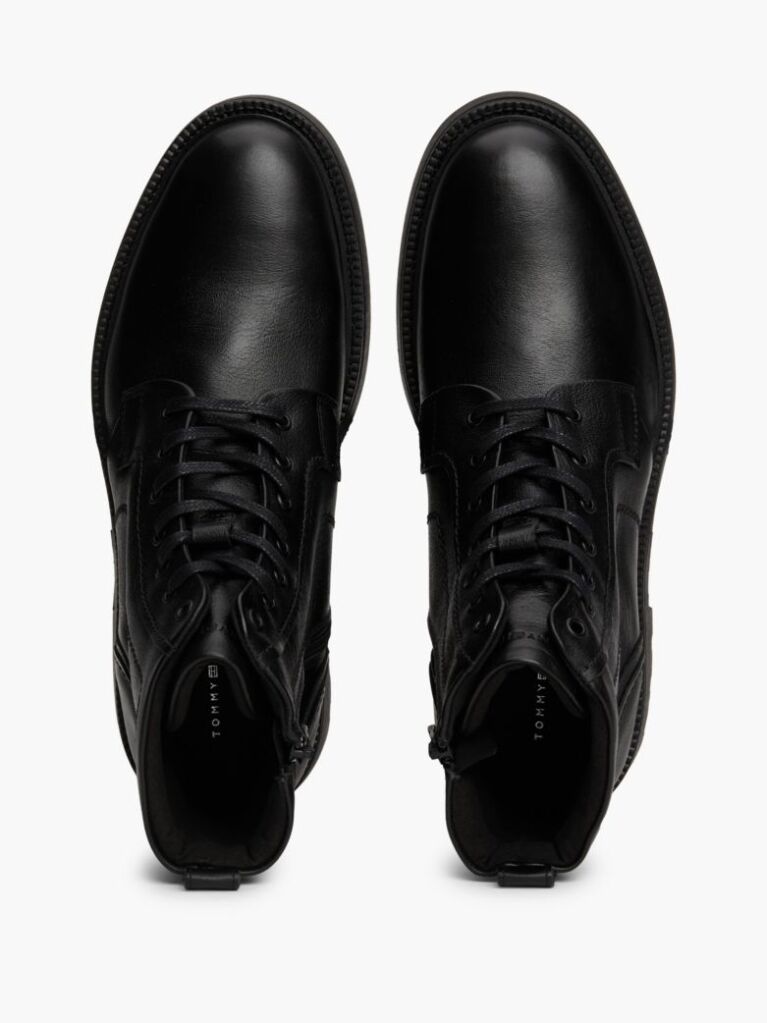 Black Lightweight Leather Lace-Up Mid Boots  Men