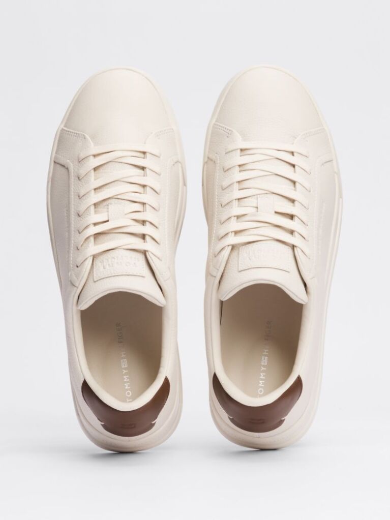Beige Leather Textured Court Trainers  Men