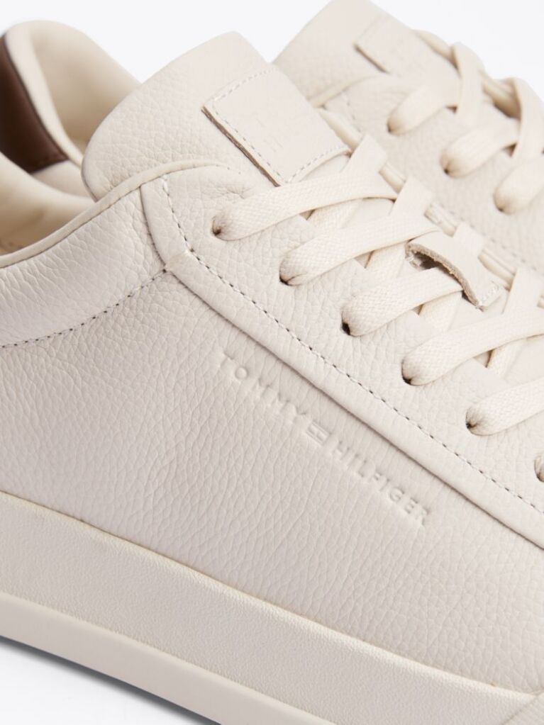 Beige Leather Textured Court Trainers  Men