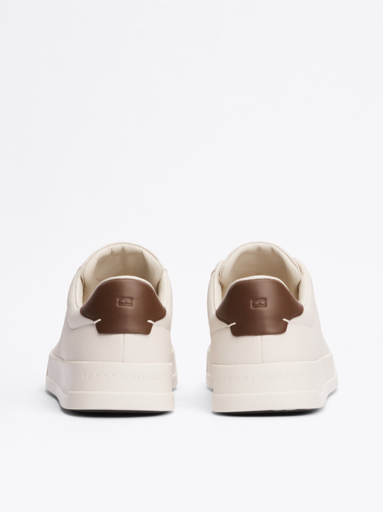 Beige Leather Textured Court Trainers  Men