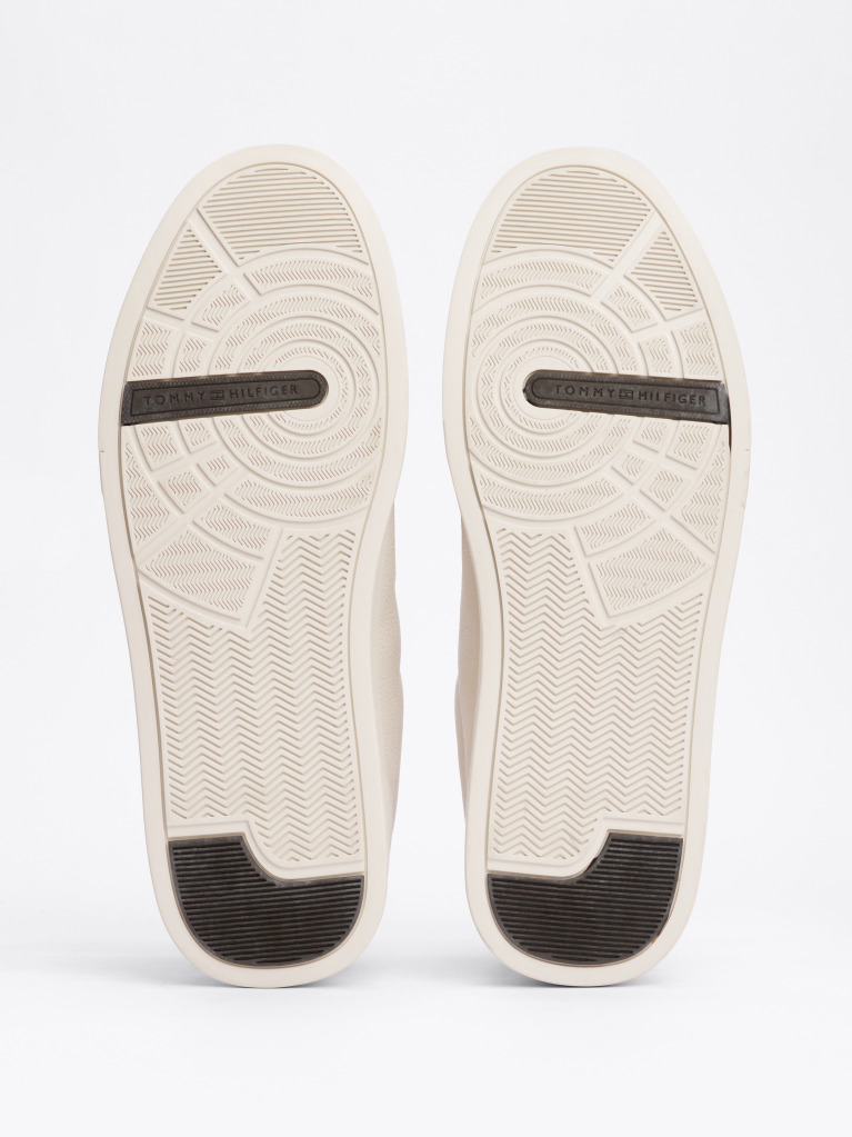 Beige Leather Textured Court Trainers  Men
