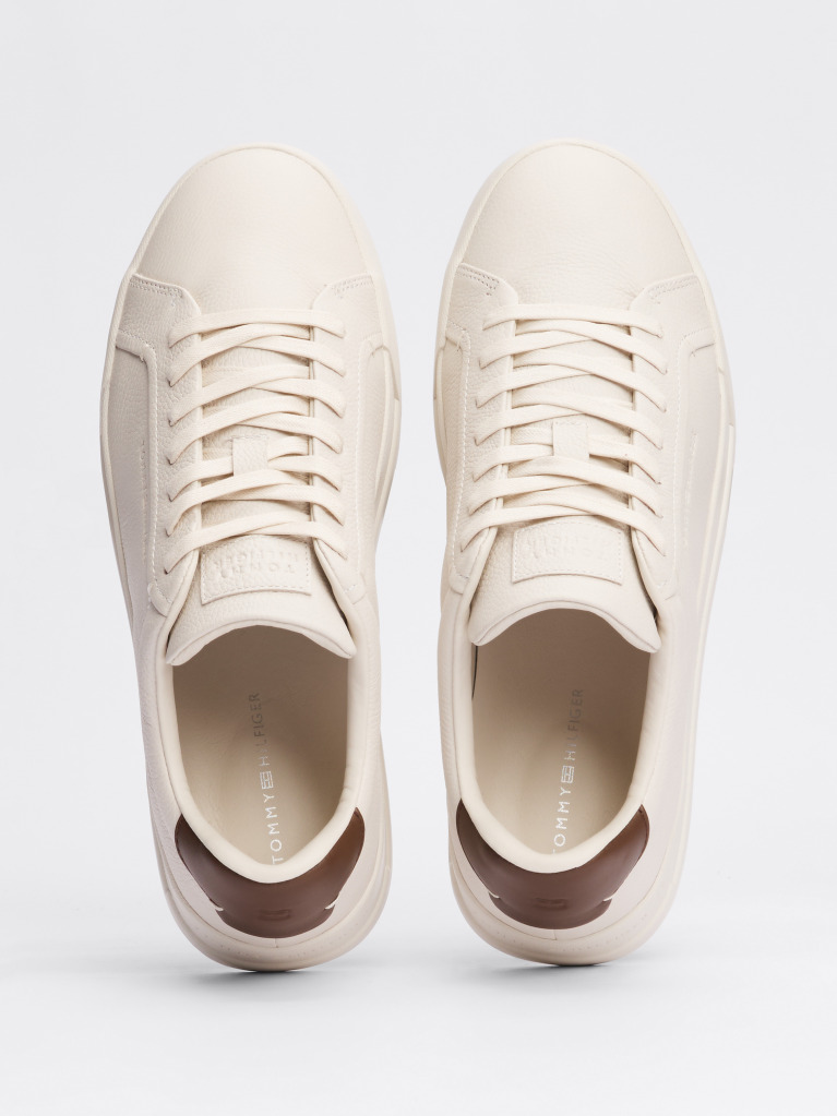 Beige Leather Textured Court Trainers  Men
