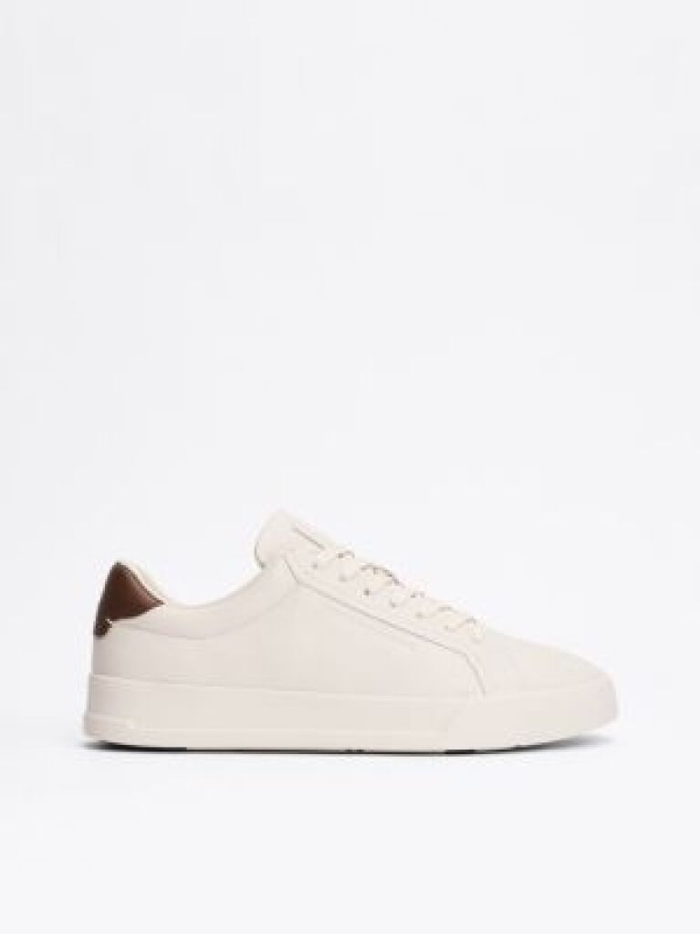 Beige Leather Textured Court Trainers  Men