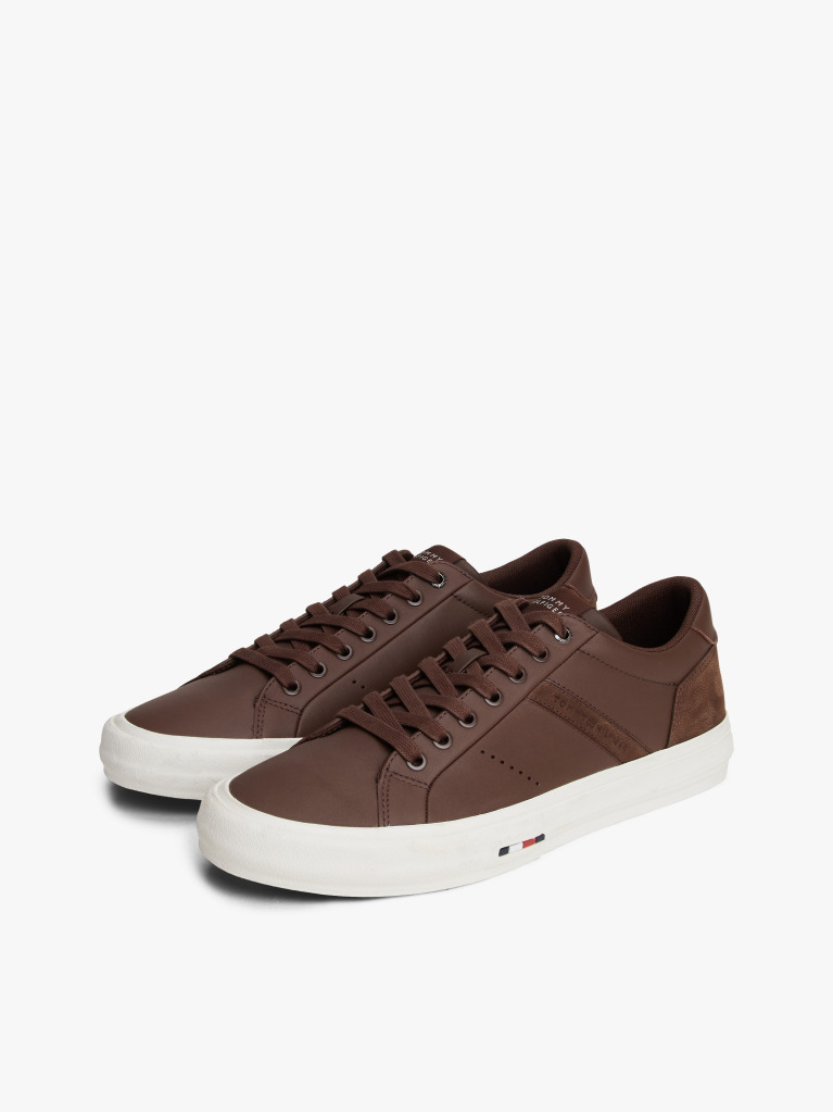 Brown Leather Mixed Texture Trainers  Men