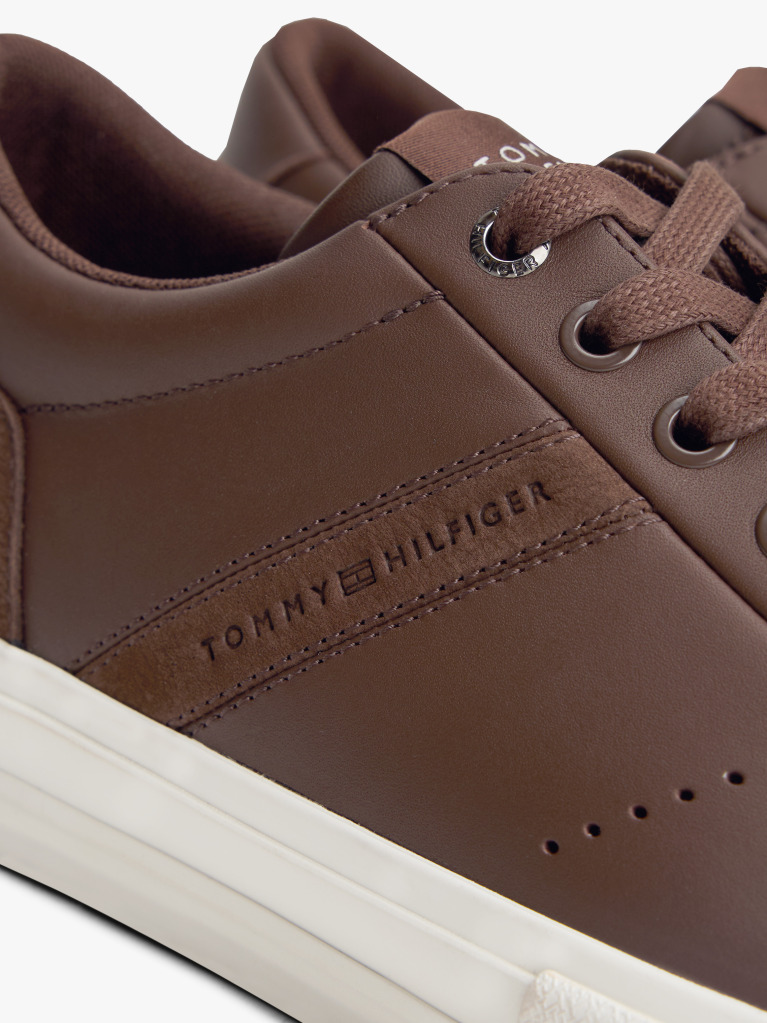 Brown Leather Mixed Texture Trainers  Men