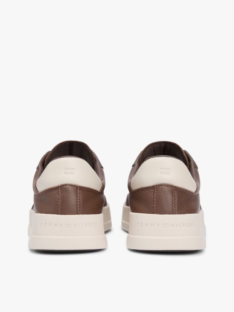 Brown Leather Debossed Logo Court Trainers  Men