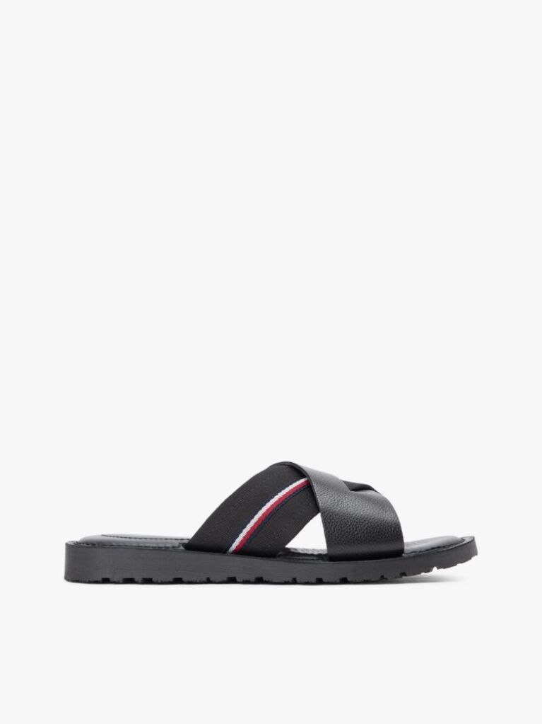 Black Leather Crossover Strap Cleat Sandals  Men