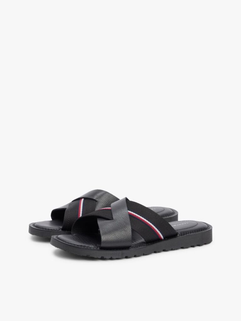 Black Leather Crossover Strap Cleat Sandals  Men