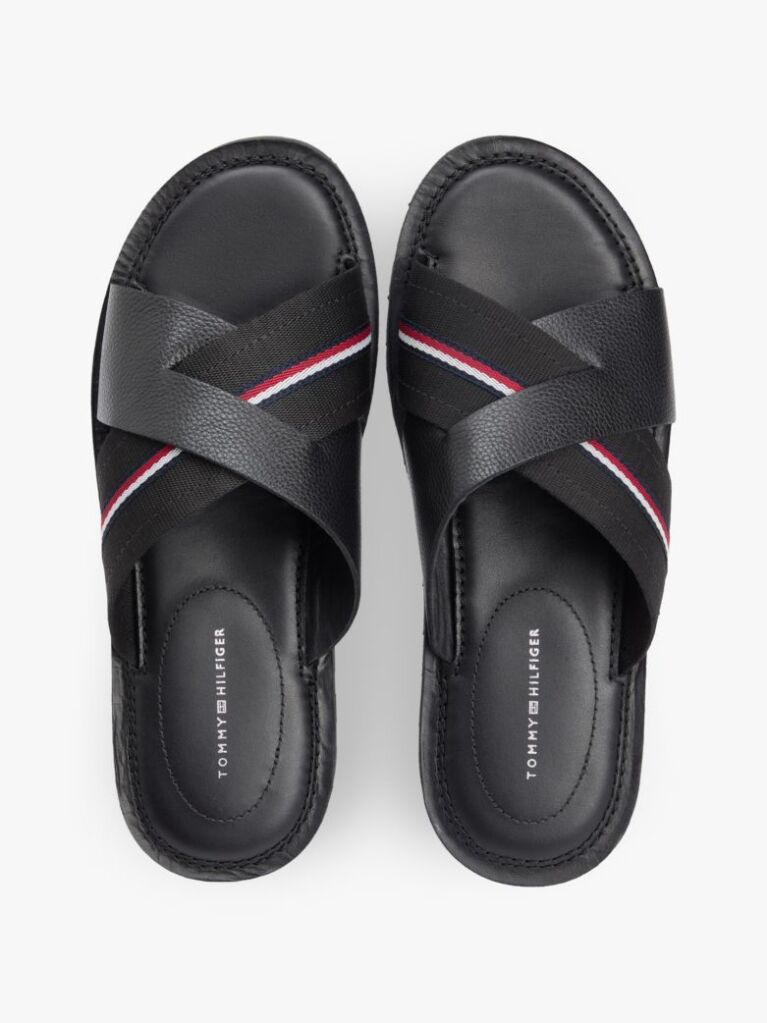 Black Leather Crossover Strap Cleat Sandals  Men