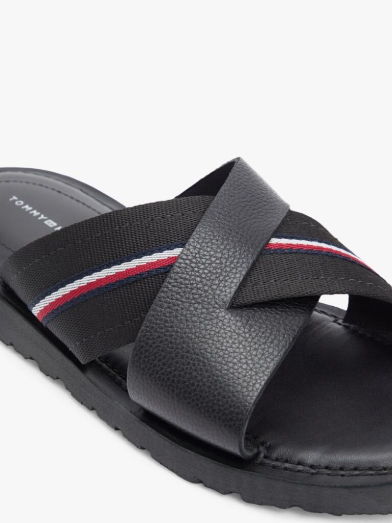 Black Leather Crossover Strap Cleat Sandals  Men