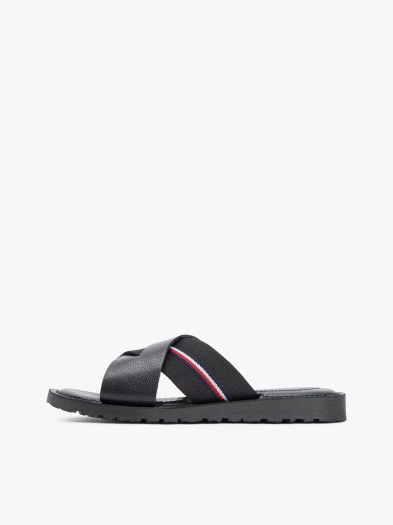 Black Leather Crossover Strap Cleat Sandals  Men