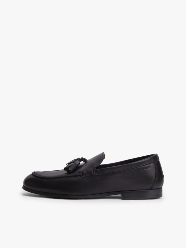 Black Logo Tassel Flexible Leather Loafers  Men