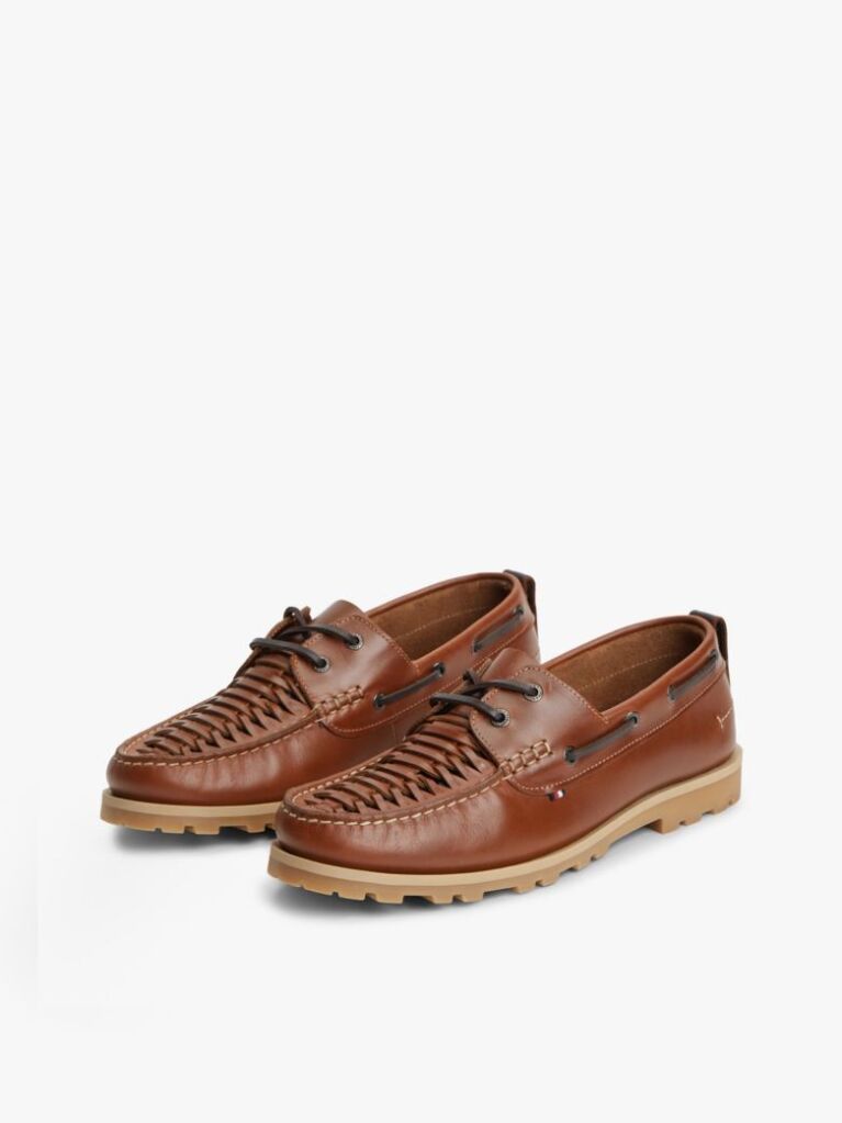 Brown Leather Braided Boat Shoes  Men
