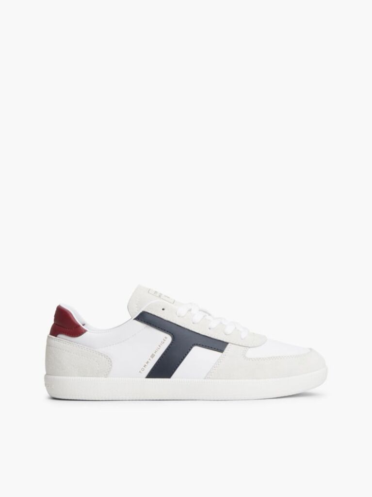 White Leather Mixed Texture Trainers  Men