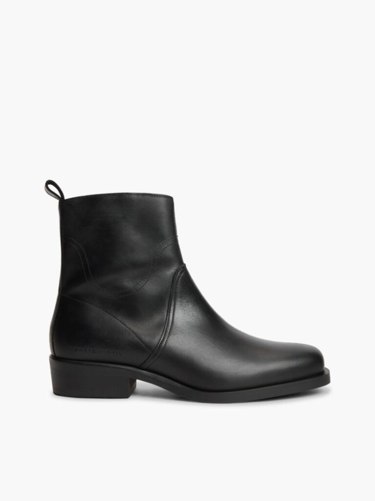 Black Leather Topstitch Zip-Up Biker Boots  Men