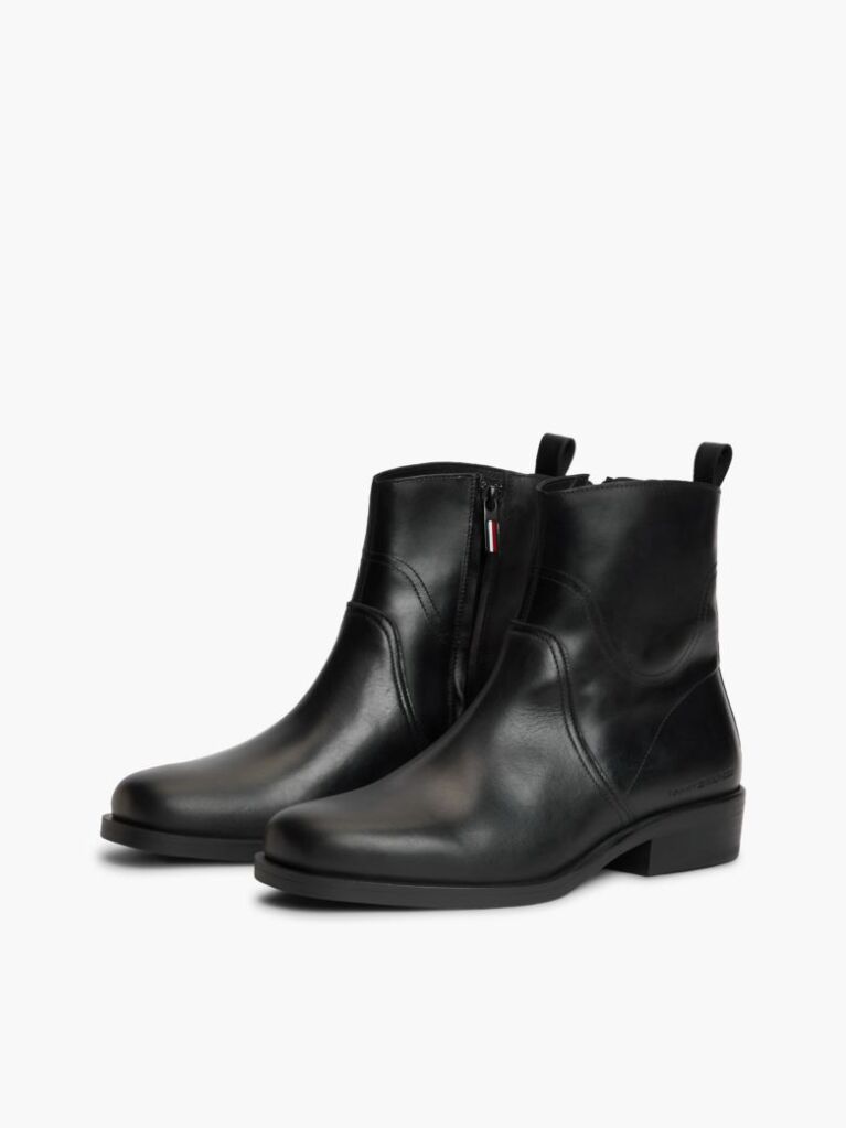 Black Leather Topstitch Zip-Up Biker Boots  Men