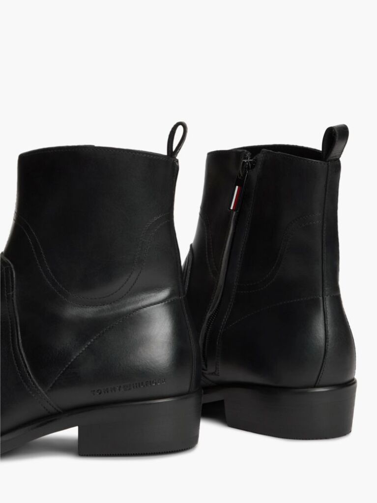 Black Leather Topstitch Zip-Up Biker Boots  Men