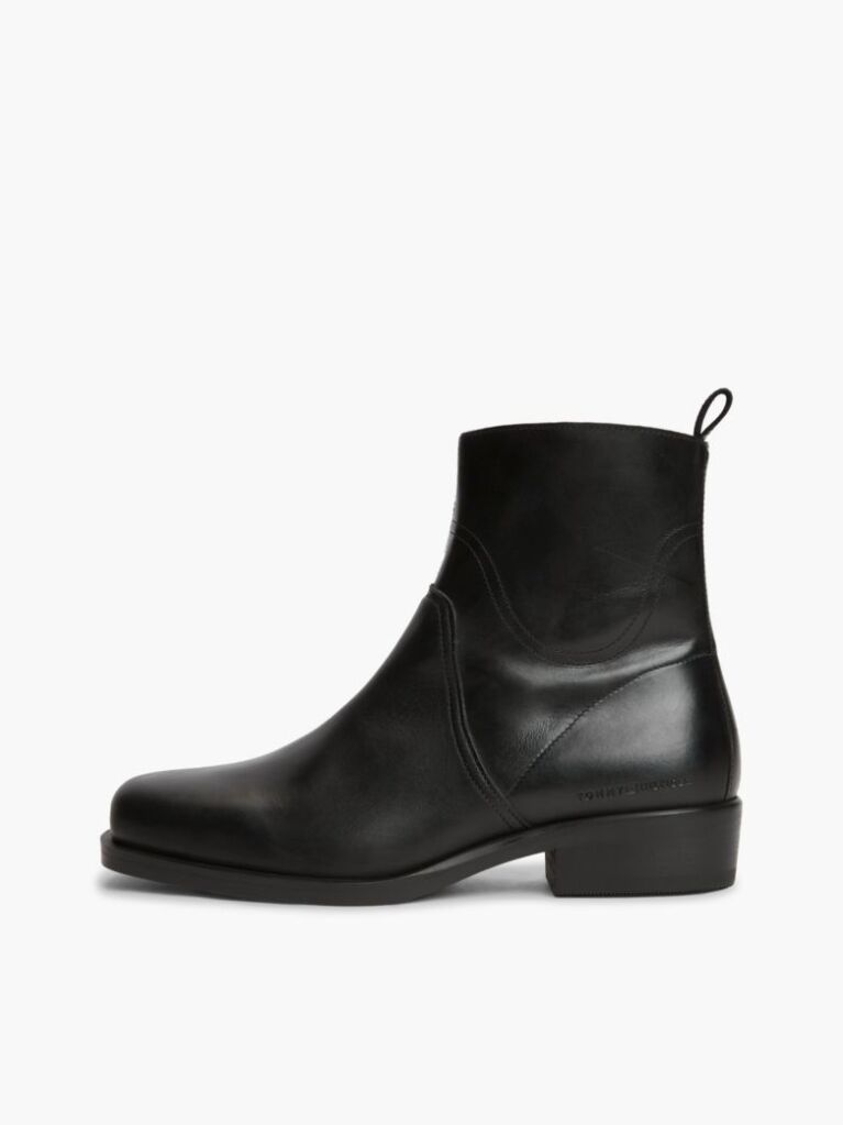 Black Leather Topstitch Zip-Up Biker Boots  Men